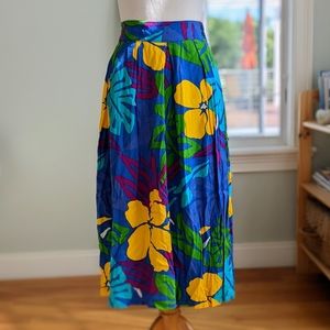 Vintage 1980s Tropical Floral Rayon Prairie Skirt 29" Boho Cottagecore VTG Midi